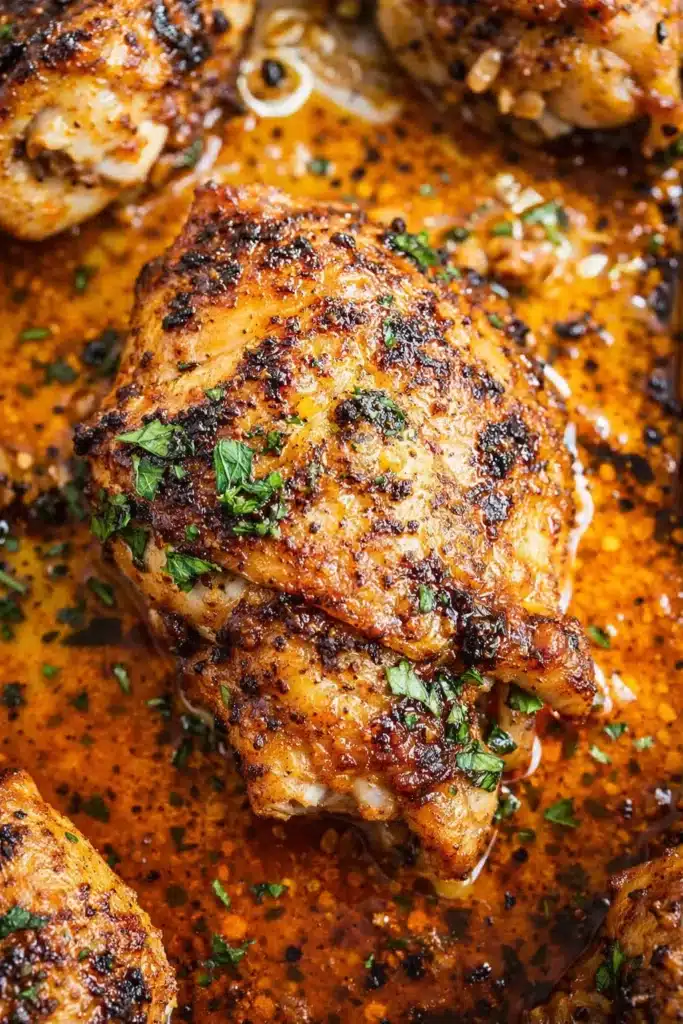 Crispy oven baked chicken thigh in garlic herb butter sauce