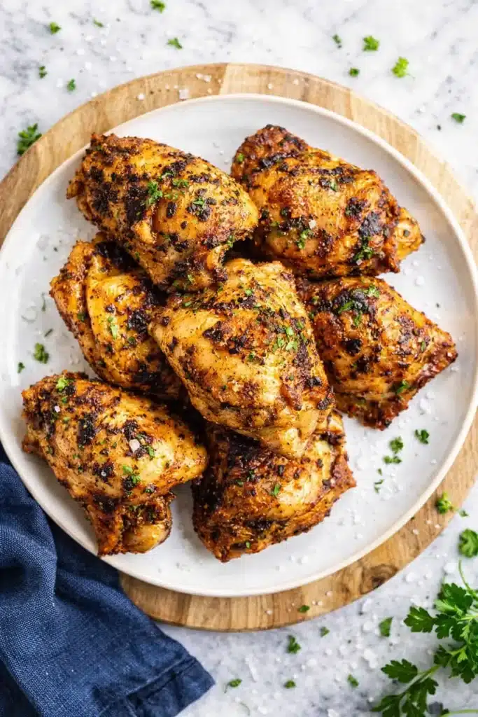 Oven baked chicken thighs on white plate with herbs