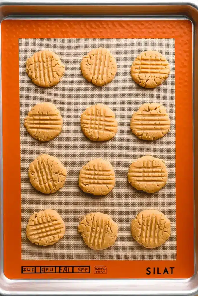 Peanut butter cookies with crisscross pattern on baking tray