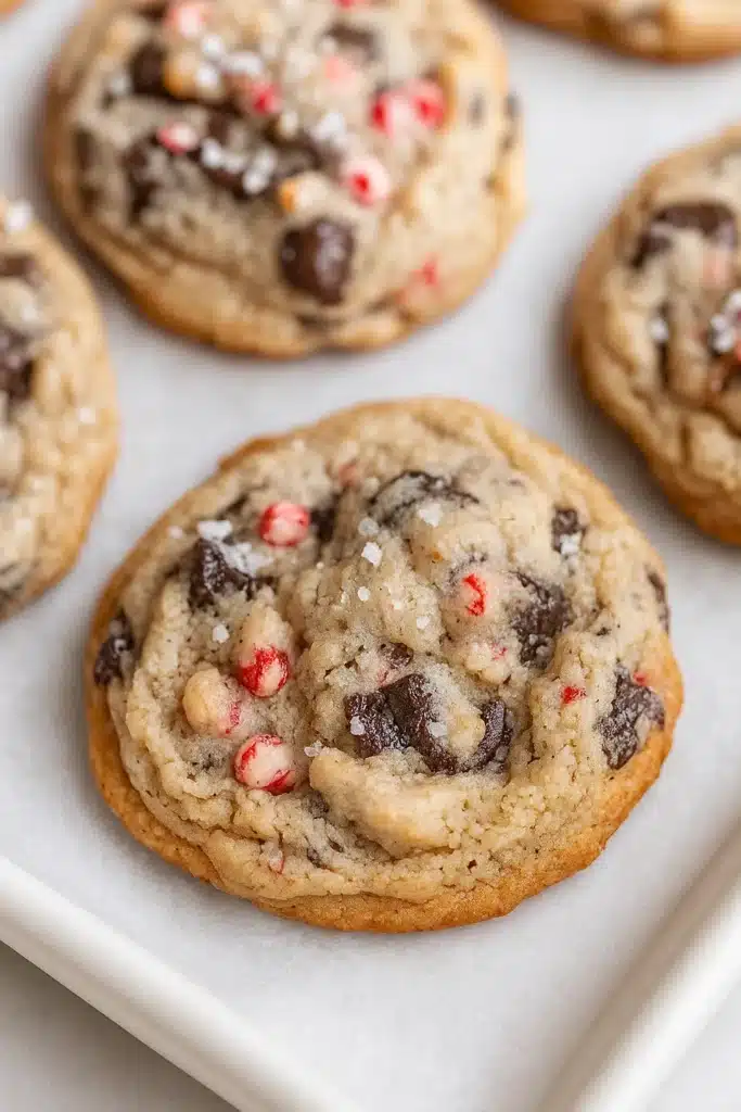 Close-up chewy peppermint Oreo cookie with chocolate chunks and candy cane pieces