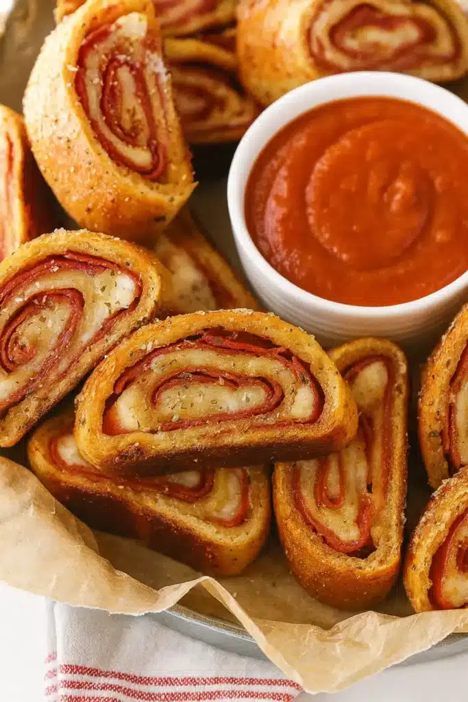 Pepperoni Rolls | Amazing Quick Dinner Recipe 7 Pepperoni rolls with marinara sauce in a parchment-lined basket