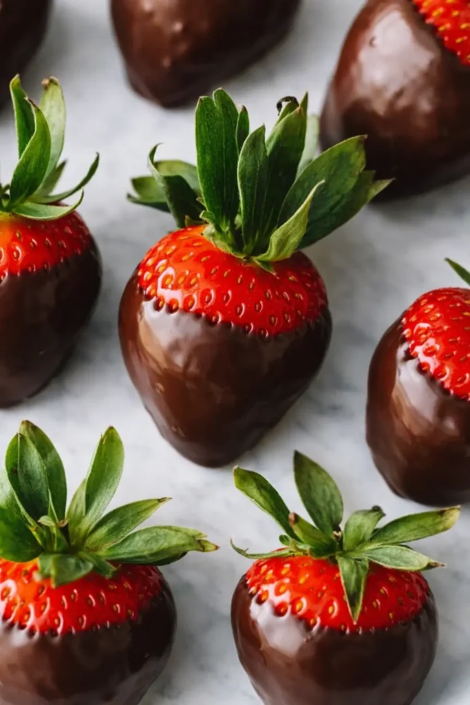 Glossy chocolate covered strawberries on white marble surface