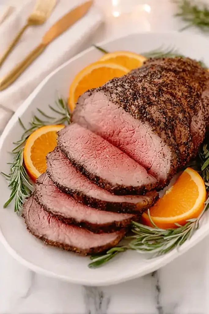 Perfect Christmas Dinner Roast Beef slices with rosemary and orange garnish