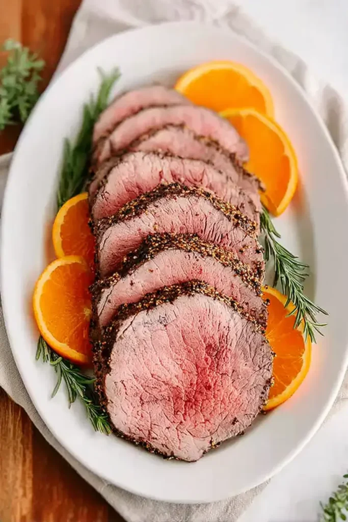 Perfect Christmas Dinner Roast Beef with rosemary and orange on a white platter