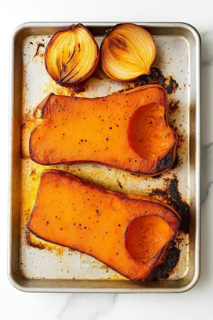 Roasted Butternut Squash Soup | Simple, Cozy & Delicious 12 Roasted butternut squash and caramelized onions on baking tray