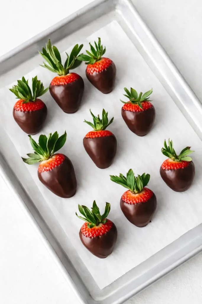 Chocolate covered strawberries setting on parchment-lined baking sheet