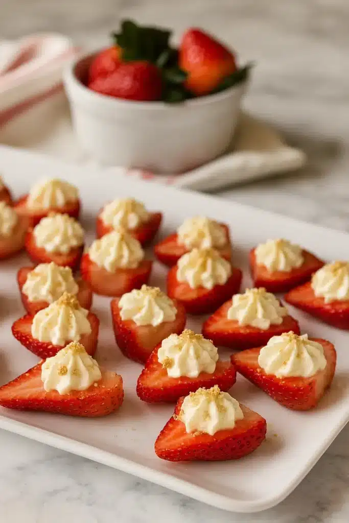 Deviled Strawberries – Easy & Delicious No-Bake Dessert 10 tray of deviled strawberries with cheesecake cream and graham crumbs