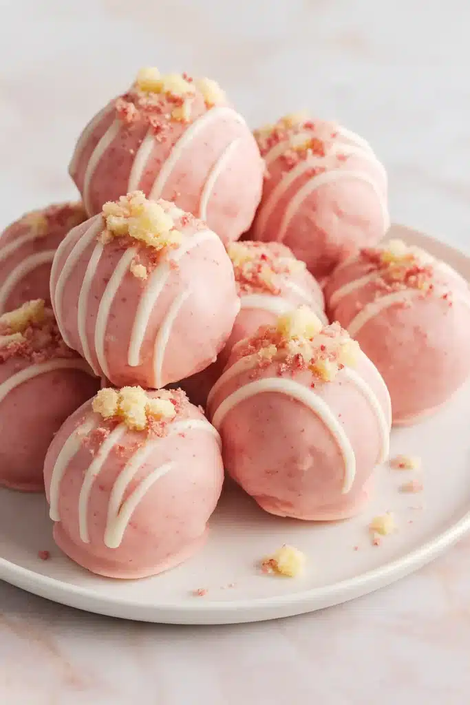 Strawberry Shortcake Truffles Treats with pink coating, white drizzle, and shortcake crumbs