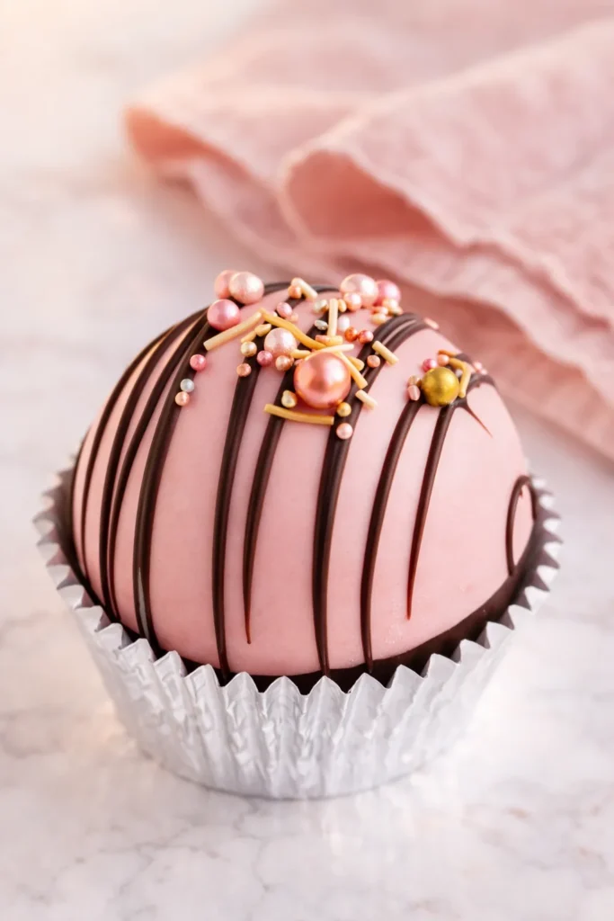Valentine’s Hot Chocolate Bombs | Easy, Romantic & Fun 9 Pink Valentine’s hot chocolate bomb with chocolate drizzle and sprinkles