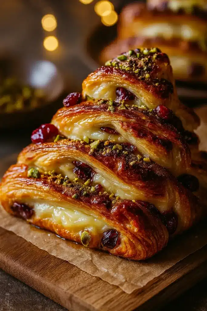 Golden puff pastry Christmas tree with brie, pistachio, and cranberry
