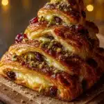 Golden puff pastry Christmas tree with brie, pistachio, and cranberry