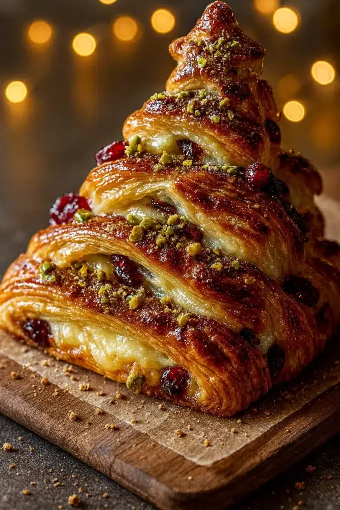 Golden puff pastry Christmas tree with brie, pistachio, and cranberry