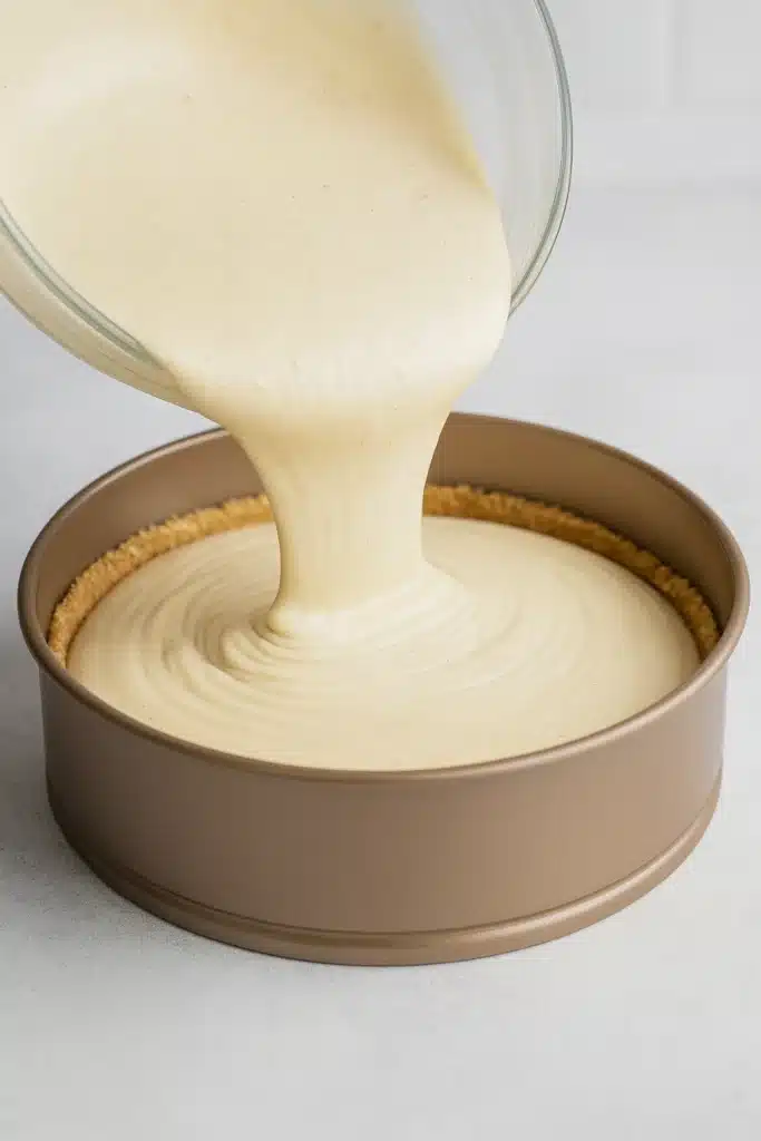 Eggnog Cheesecake – A Creamy, Festive Holiday Dessert 9 Eggnog cheesecake batter poured into graham cracker crust