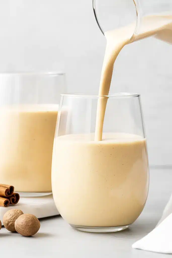 Pouring creamy homemade eggnog into glass with nutmeg and cinnamon
