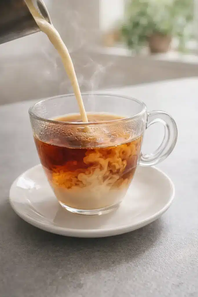 Homemade Vanilla Cinnamon Milk Tea with milk being poured and steam rising