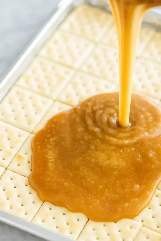 Pouring golden toffee over saltine crackers for saltine cracker candy