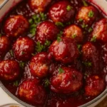 Quick cranberry meatballs in glossy red sauce topped with parsley
