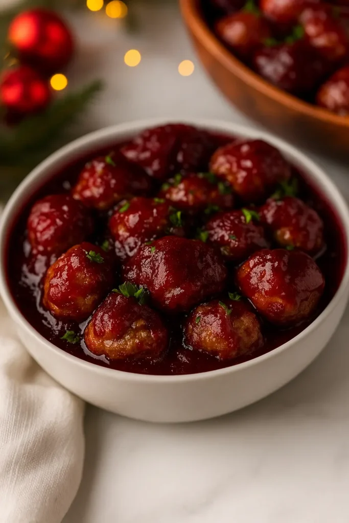 Cranberry glazed meatballs in white bowl with parsley garnish