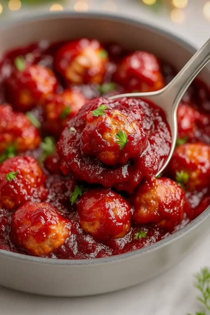 Cranberry glazed meatballs in bowl with spoon lifted