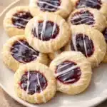 Raspberry thumbprint cookies with icing on a light plate