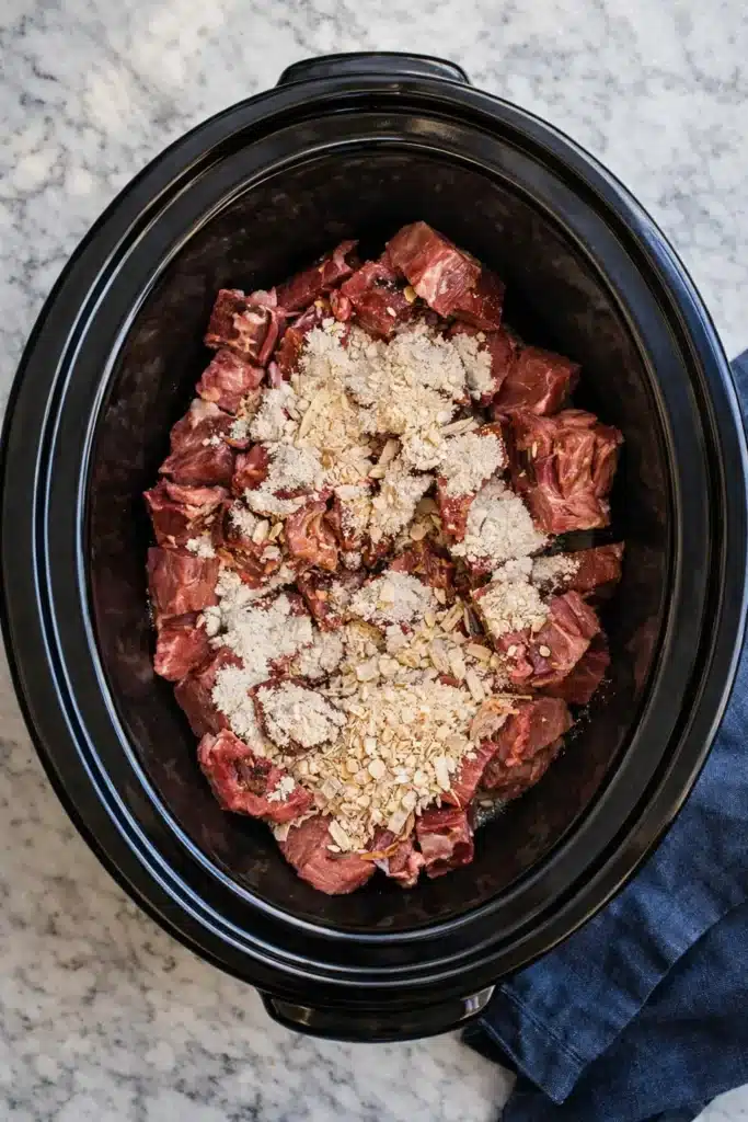 Raw beef with onion soup mix in crockpot for crockpot steak bites recipe