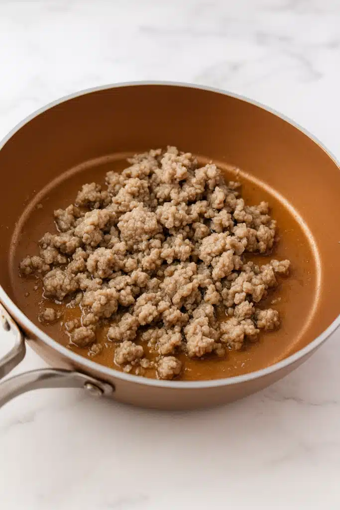 Raw chicken sausage in copper skillet on marble counter