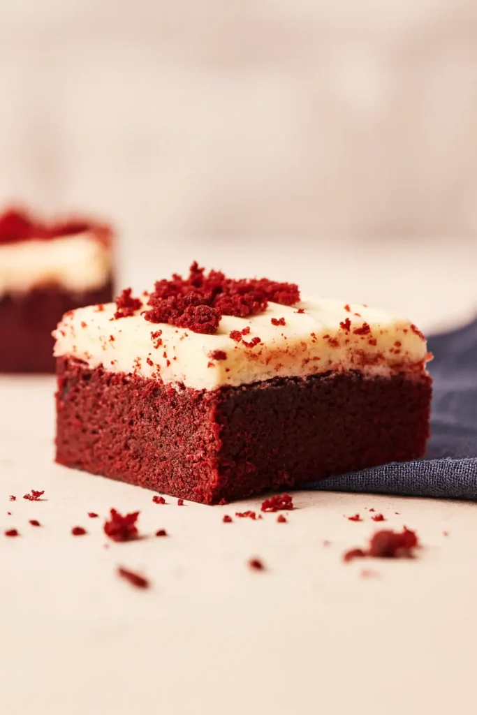 Red Velvet Brownies | Ultimate Fudgy Treat Recipe 11 Red velvet brownie with cream cheese frosting and red crumbs