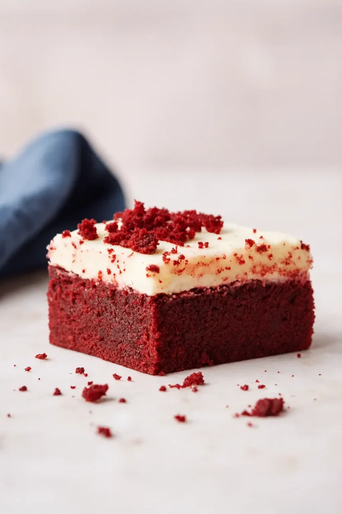 Red Velvet Brownies | Ultimate Fudgy Treat Recipe 17 Red velvet brownie with cream cheese frosting beside blue napkin