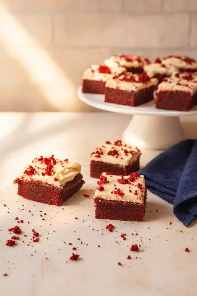 Red Velvet Brownies | Ultimate Fudgy Treat Recipe 16 Red velvet brownies with cream cheese frosting on a cake stand