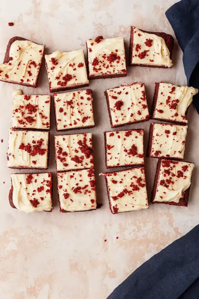 Red Velvet Brownies | Ultimate Fudgy Treat Recipe 14 Red velvet brownies with cream cheese frosting cut into squares