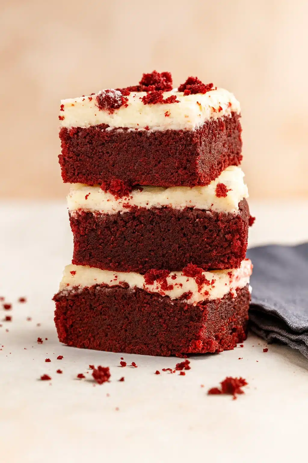 Fudgy red velvet brownies stacked with cream cheese frosting and red crumbs