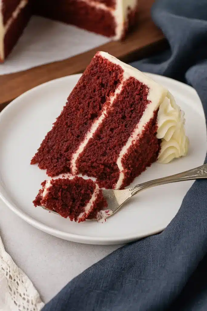 Red Velvet Buttermilk Cake Recipe | Ultimate Moist Dessert 6 Slice of red velvet buttermilk cake with cream cheese frosting on white plate