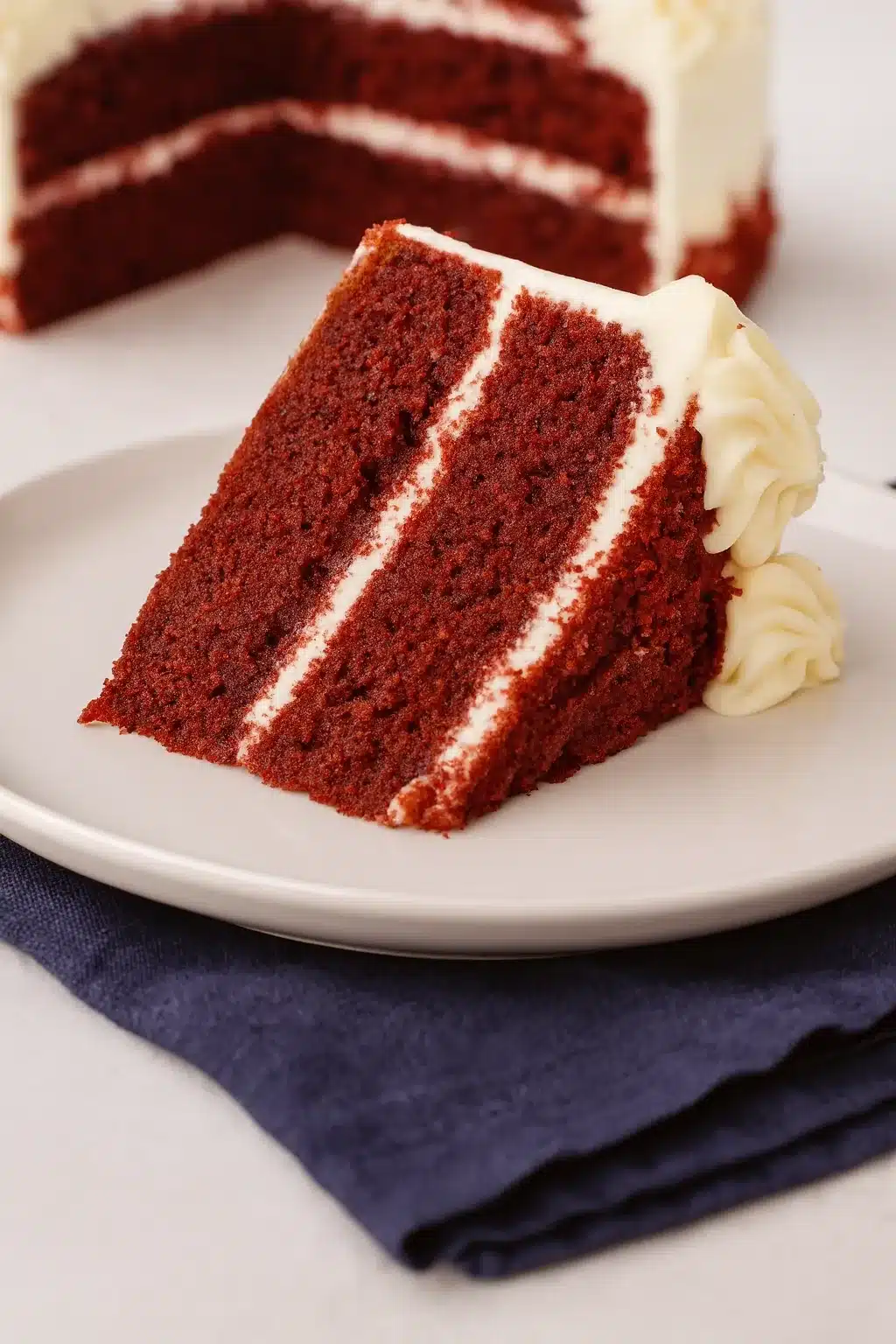 Red velvet cake slice with cream cheese frosting on white plate