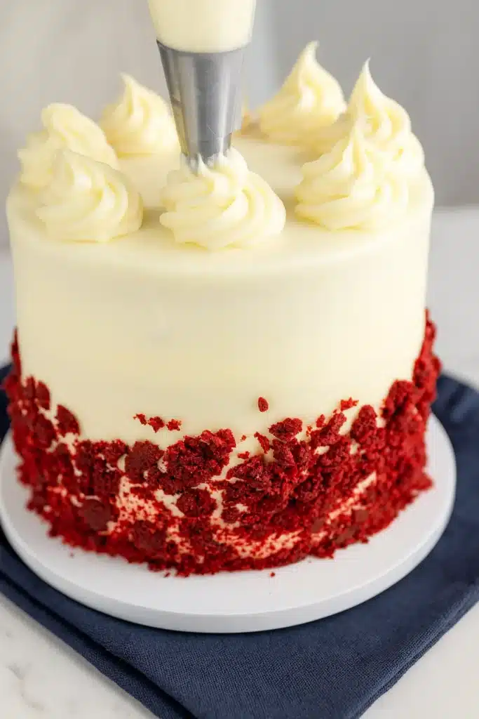 Red Velvet Cake Recipe | Soft, Moist & Amazing Flavor 8 Piping cream cheese frosting on red velvet cake with crumbs