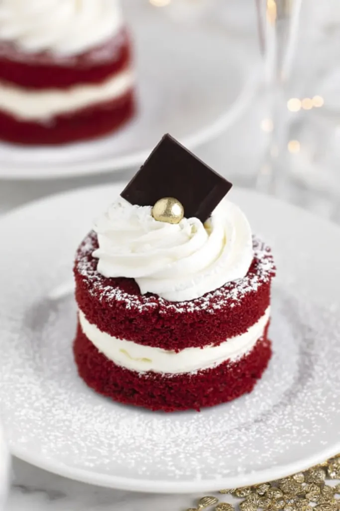 Red Velvet Cake Minis with cream cheese filling and chocolate garnish