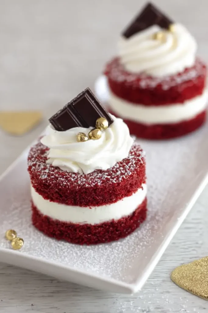 Red Velvet Cake Minis | Valentine’s Day Recipes Delight 7 Red Velvet Cake Minis with whipped cream, chocolate, and gold garnish