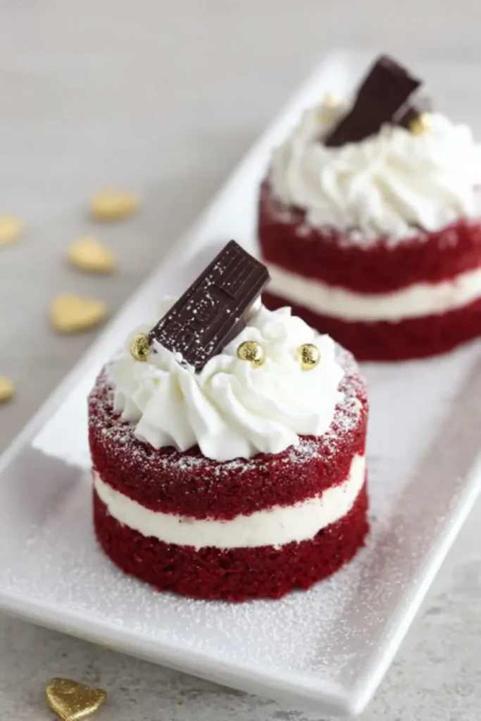Red Velvet Cake Minis | Valentine’s Day Recipes Delight 8 Red Velvet Cake Minis with whipped cream, chocolate, and gold garnish