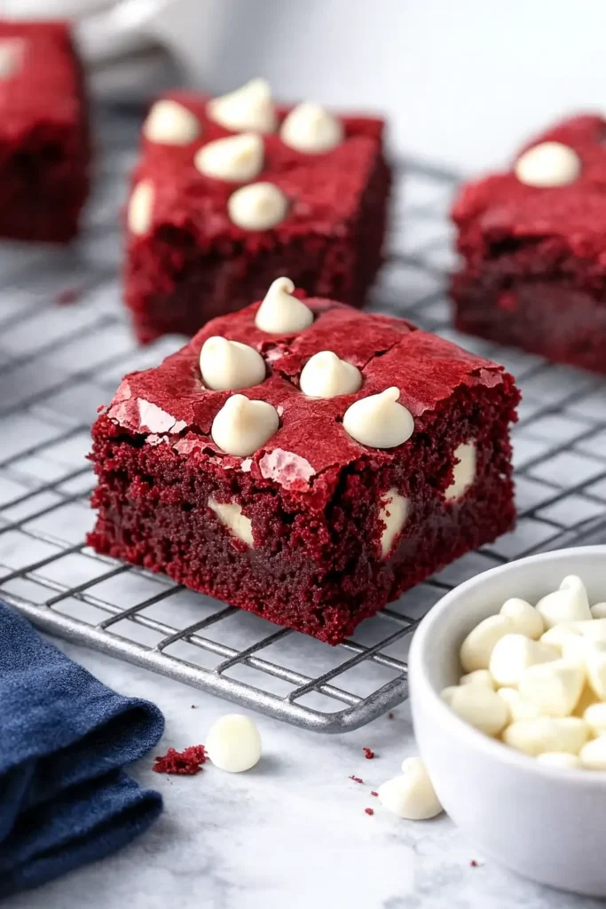 Easy Delicious Red Velvet Cake Mix Brownies Recipe 5 Red velvet cake mix brownie with white chocolate chips on cooling rack