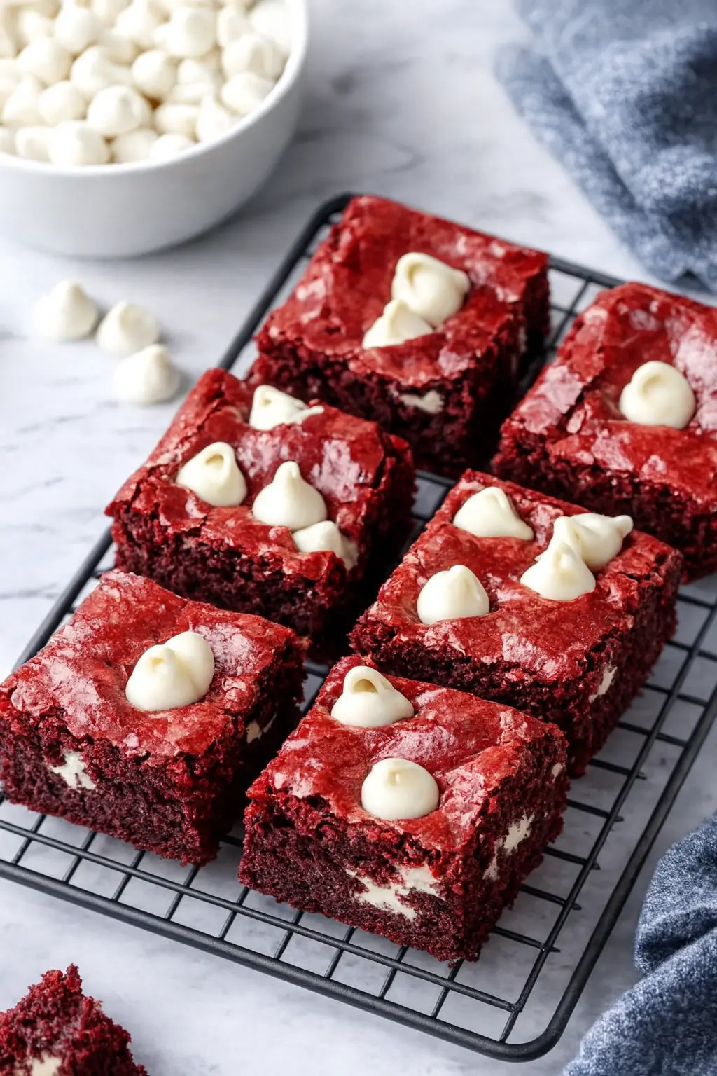 Delicious red velvet cake mix brownies topped with white chocolate chips