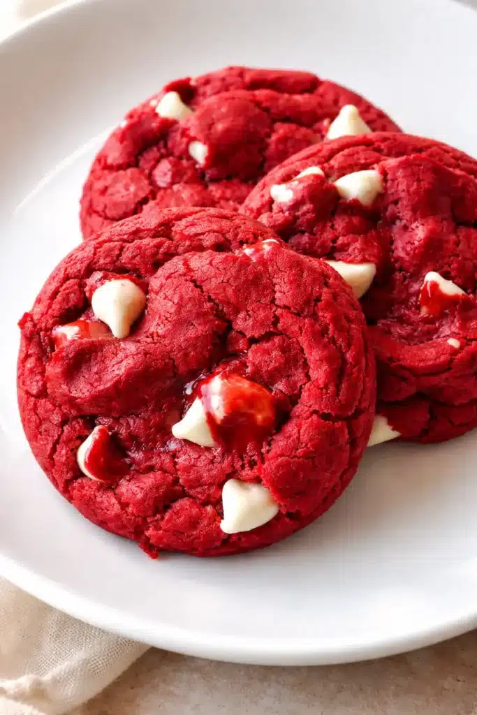 Close-up of red velvet cake mix cookies with white chocolate chips