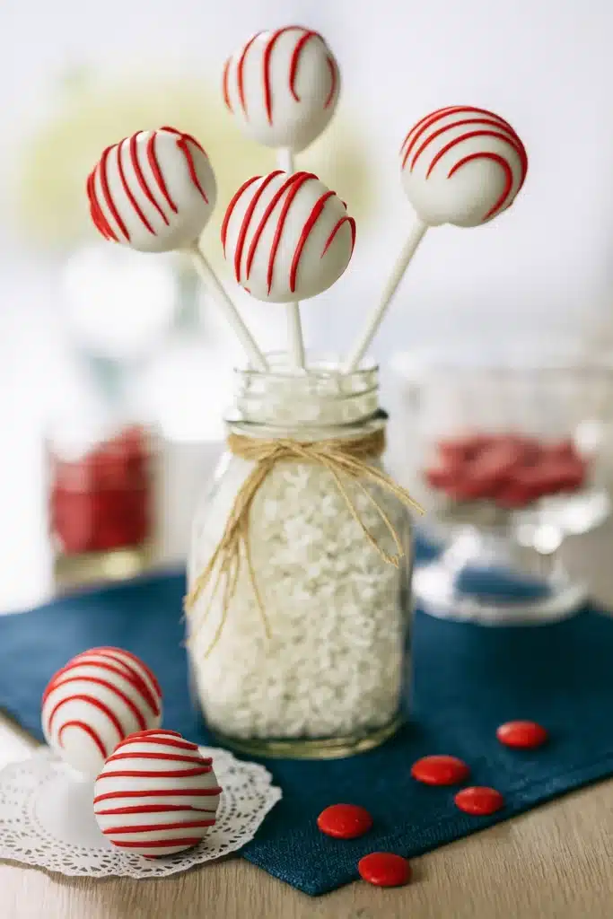 Red Velvet Cake Pops – Easy, Sweet & Irresistible Treats 8 Red velvet cake pops in glass jar with white chocolate and red drizzle