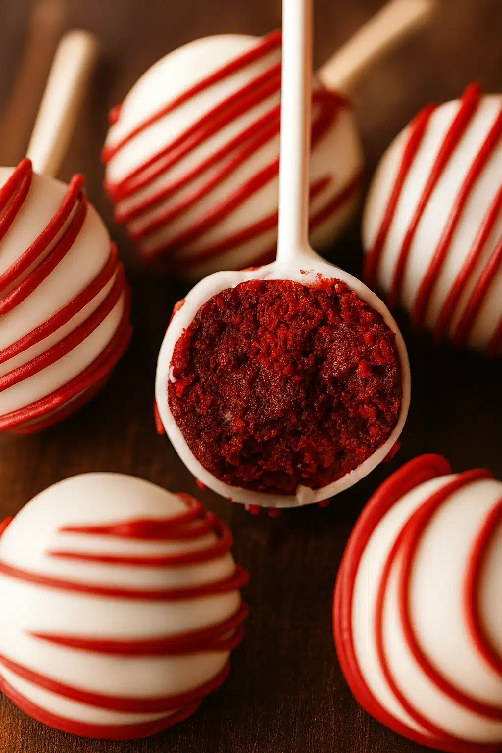 Red velvet cake pops with white coating and red drizzle on marble background
