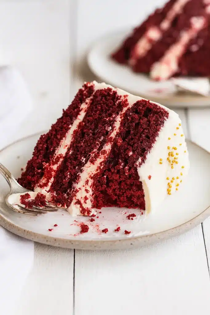Red Velvet Cake | Amazing, Soft & Vibrant Dessert 8 Red velvet cake slice with cream cheese frosting on white plate