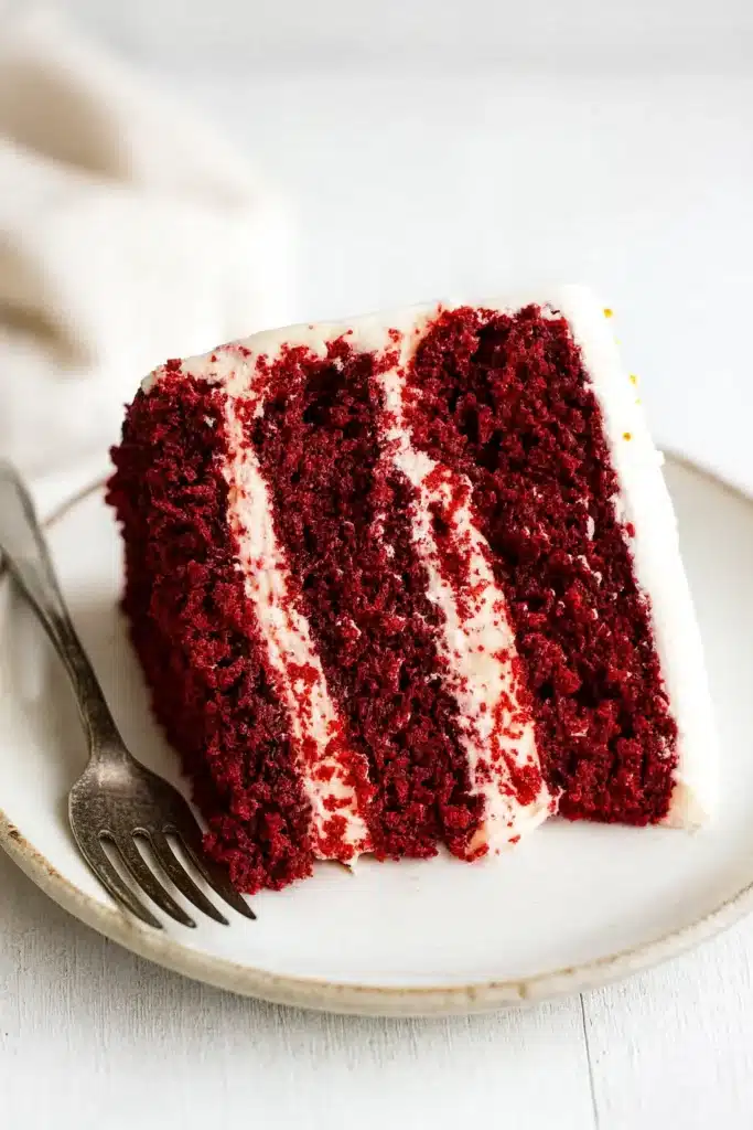 Slice of red velvet cake with cream cheese frosting on a plate