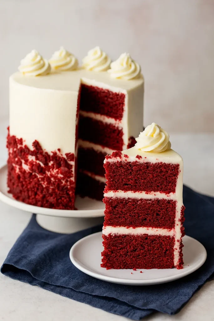 Red Velvet Cake Recipe | Soft, Moist & Amazing Flavor 7 Red velvet cake with cream cheese frosting on white plate