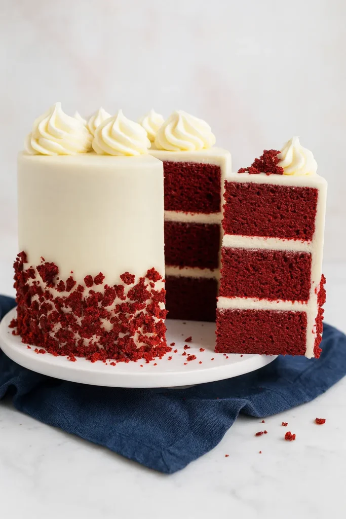 Red Velvet Cake Recipe | Soft, Moist & Amazing Flavor 9 Red velvet cake with cream cheese frosting and red crumb decoration
