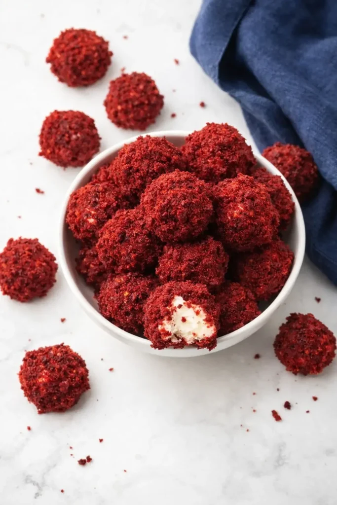 Red velvet cheesecake balls in white bowl on marble surface