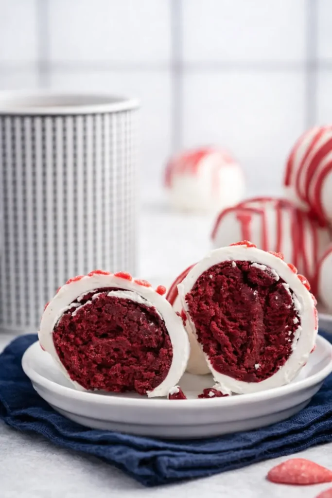 Red velvet cheesecake bites cut open showing creamy white coating and red interior