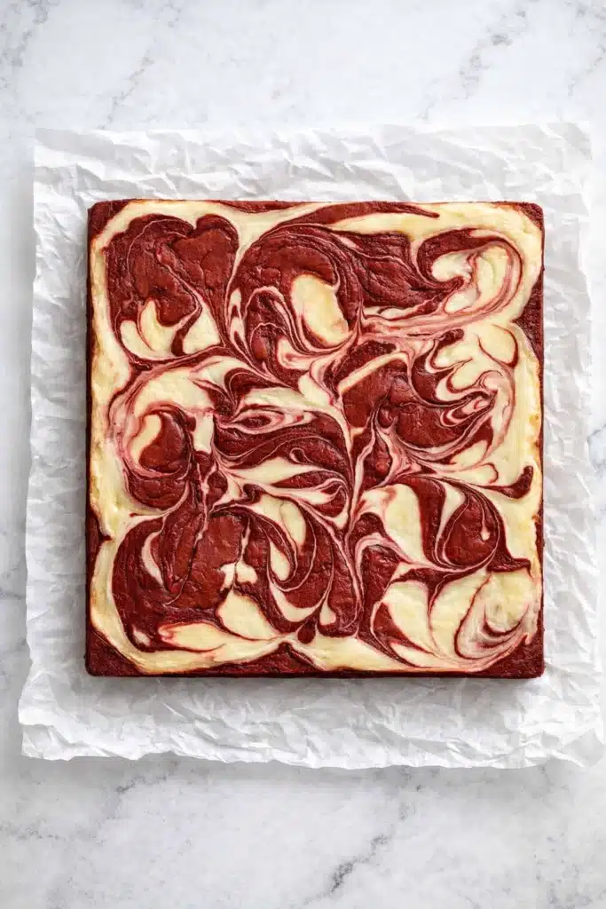 Red Velvet Cheesecake Brownies – Stunning & Easy Dessert 5 Red velvet cheesecake brownies baked in a pan on white parchment