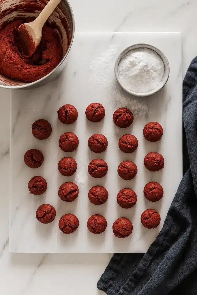 Red Velvet Crinkle Cookies | Soft, Sweet & Easy Recipe 6 Red velvet cookie dough balls on marble with powdered sugar and blue napkin